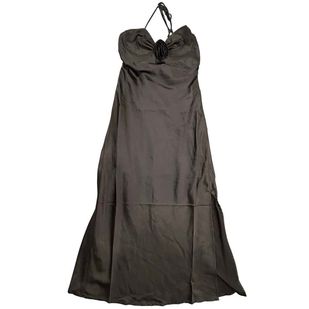 Pull & Bear Women's Maxi Dress XS Black Rosette Halter Satin Formal Evening NWT